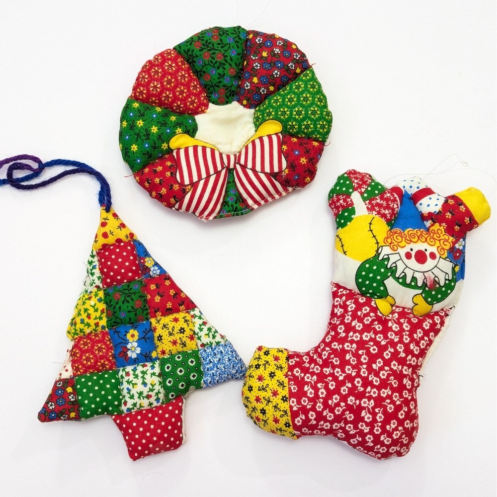 Vtg Handmade Patchwork Fabric Stuffed Ornaments Tree, Stocking, Wreath Christmas